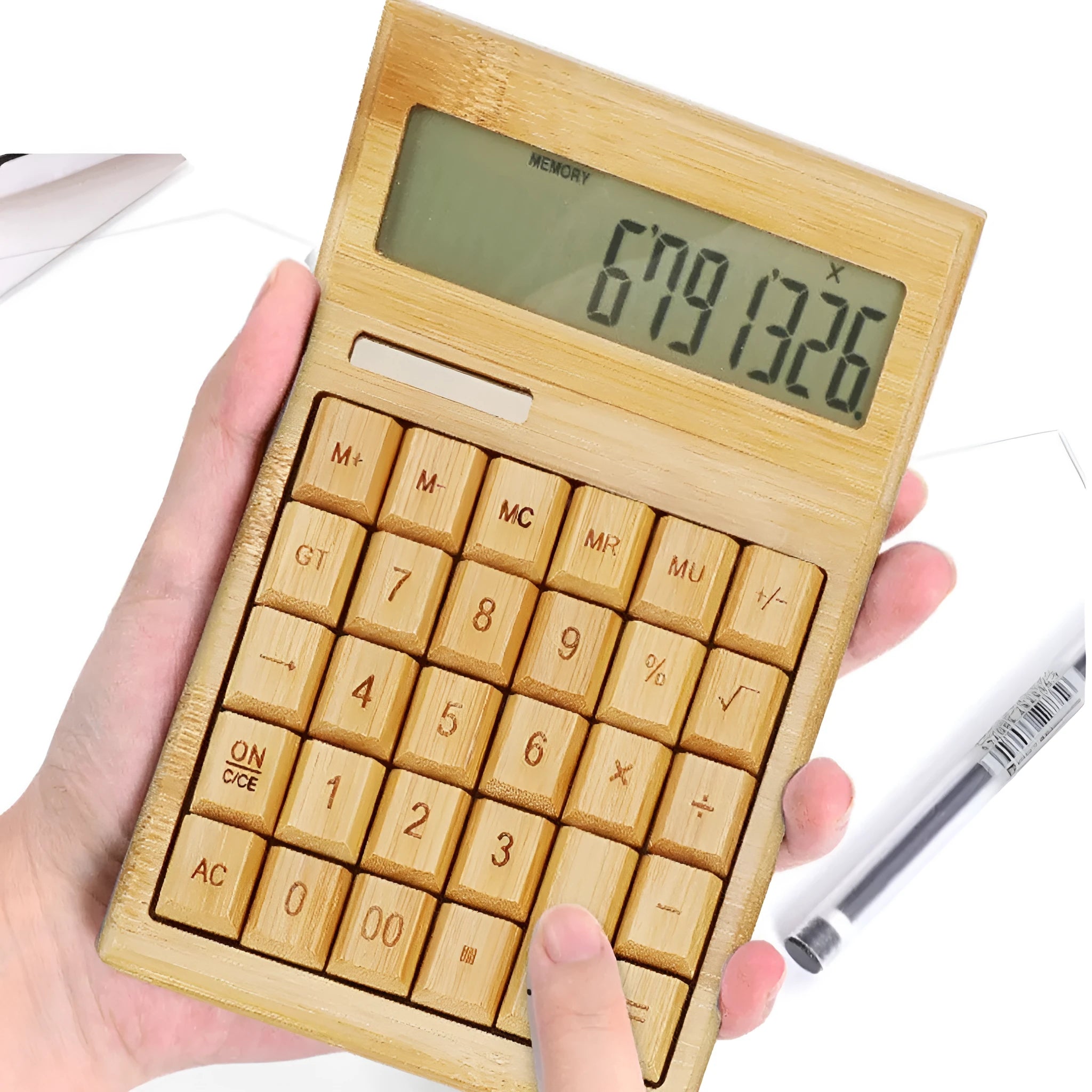 Solar-powered bamboo calculator in CS18 flat plate style on a desk, with solar panel visible