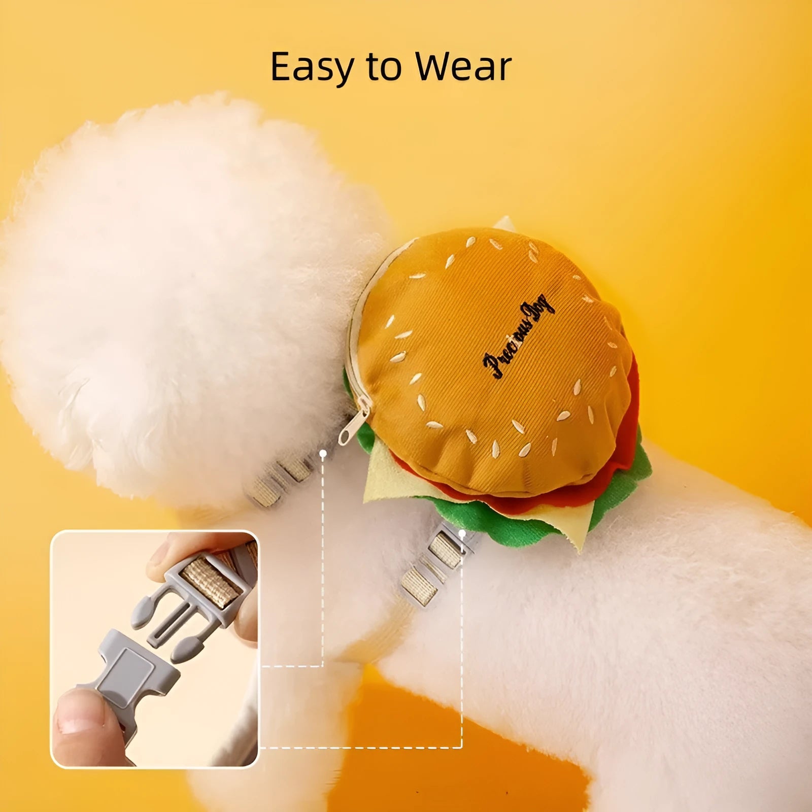 Cartoon hamburger and chips design adjustable escape-proof vest harness and leash set for dogs and cats.