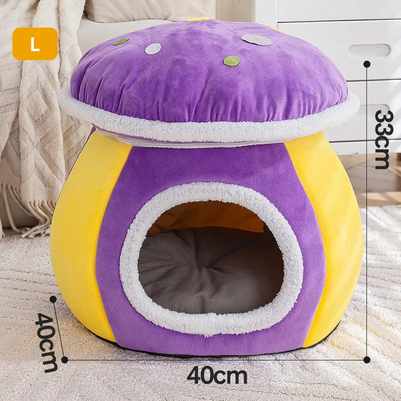 Grey mushroom-shaped plush cat bed showing enclosed cave design for cats.
