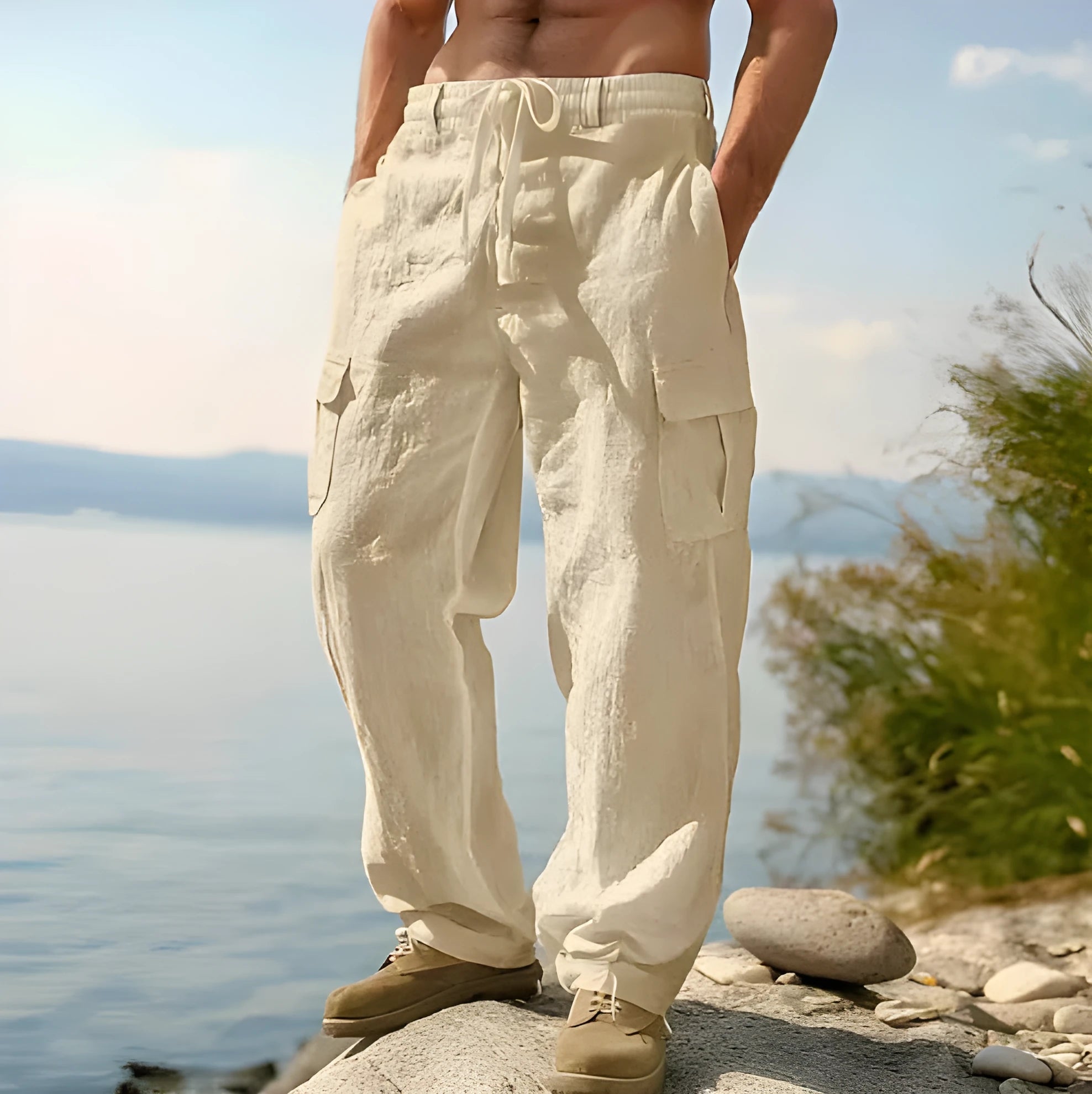 Men's cotton wide-leg casual trousers in solid colour with elastic mid waist