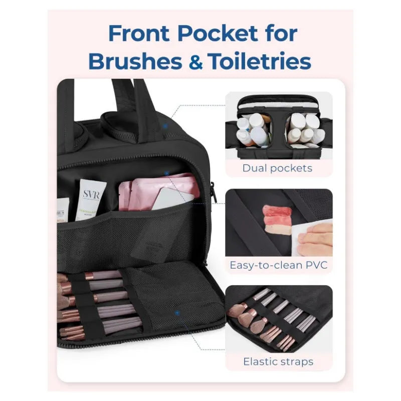 Large lightweight travel wash bag in beige colour with wide-opening design showing interior space