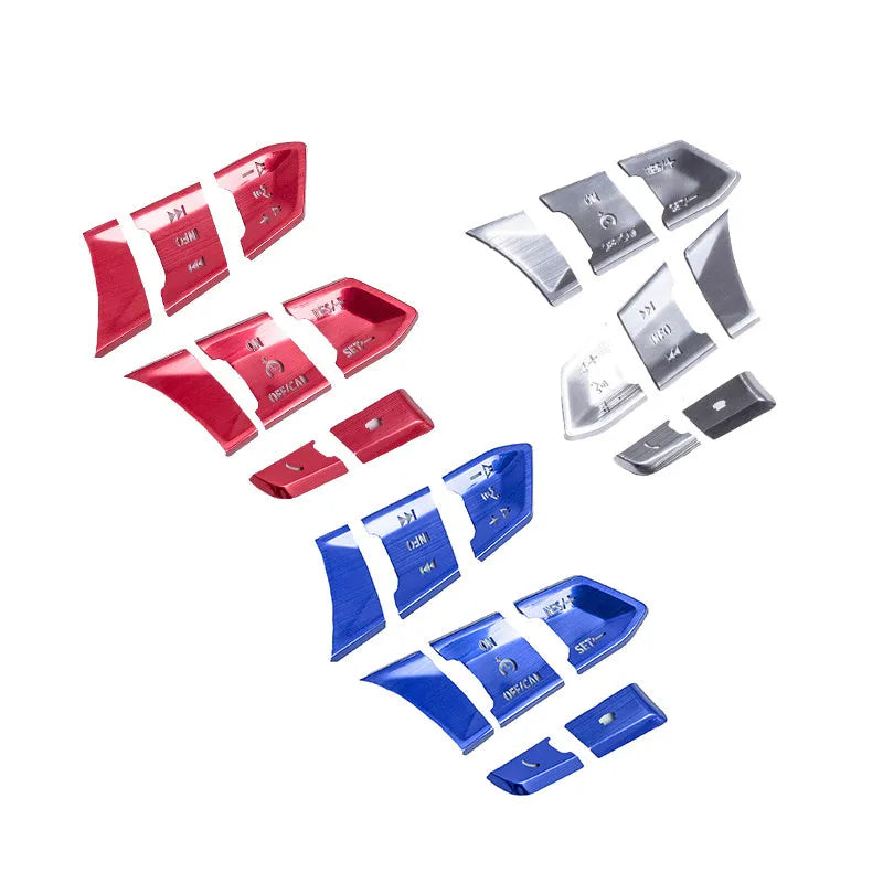 Aluminium alloy decorative stickers for car steering wheel buttons in brushed red, silver, and blue colours