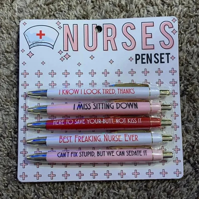 Five nurse-themed retractable ballpoint pens showing plastic construction and medical humour design elements