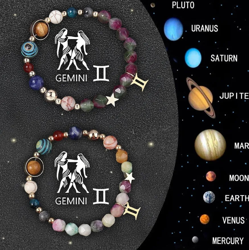 Set of two adjustable natural stone beaded bracelets showing different zodiac sign designs.