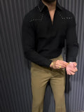 Black button-down collar shirt in regular fit polyester, front view, sized S to 3XL