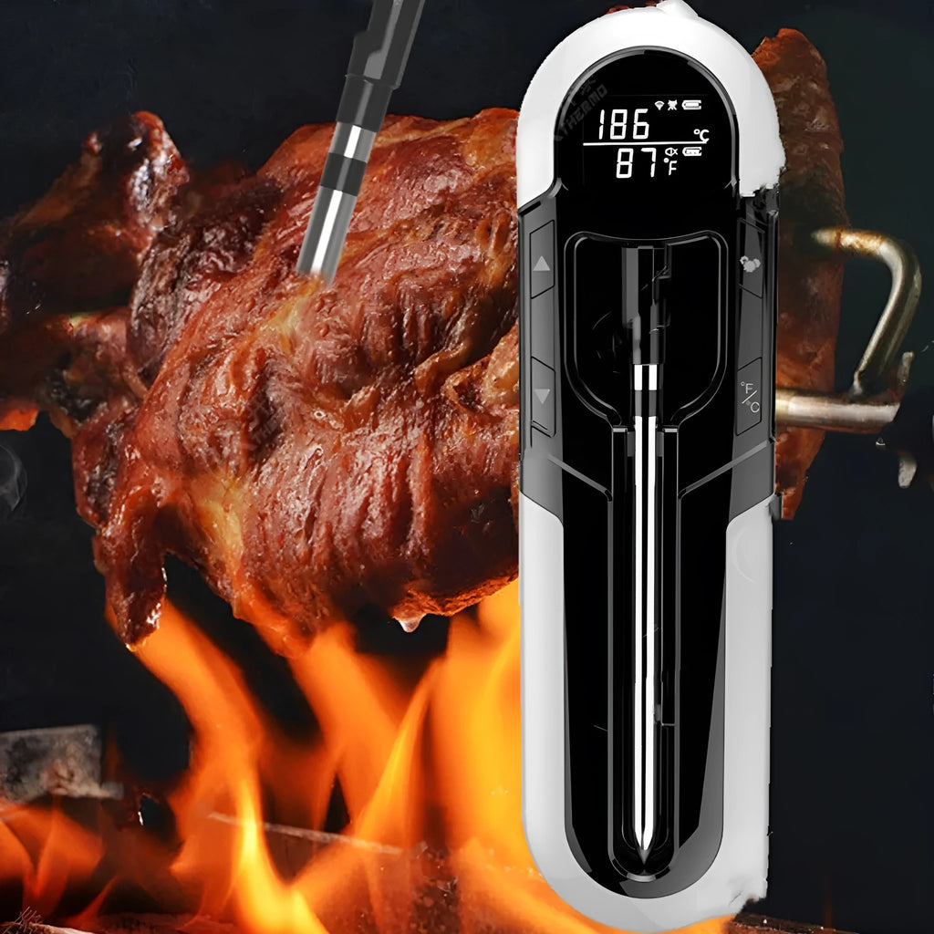 Bluetooth barbecue thermometer in blue with magnetic back and temperature display