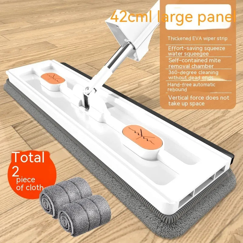 Large flat mop with stainless steel handle and blue cleaning cloths showing 360-degree rotating head