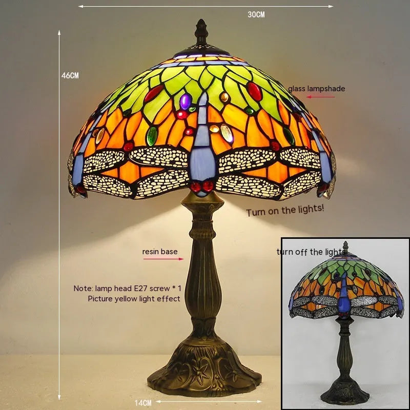 Tiffany dragonfly stone table lamp in European style with decorative blue and green motifs
