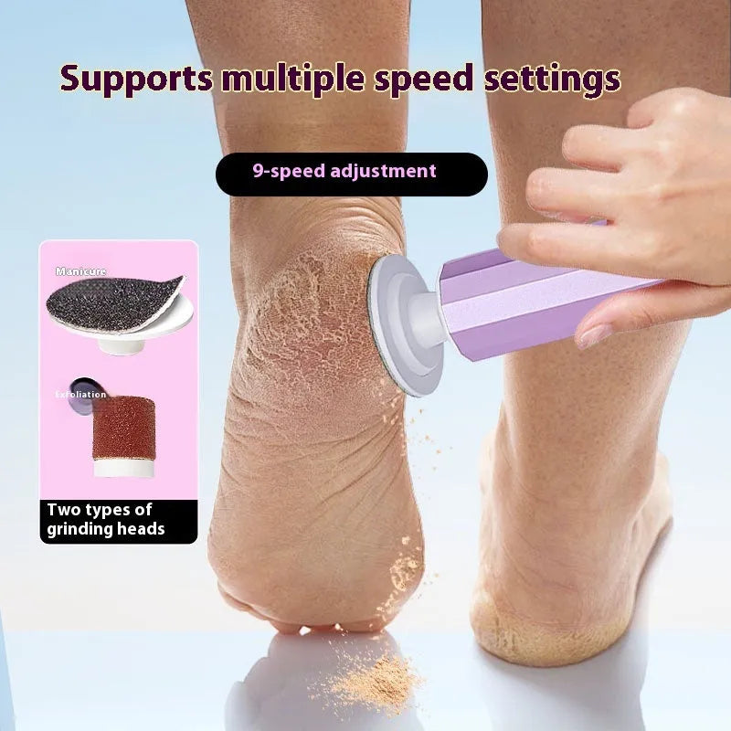 USB-powered electric callus remover foot file with sandpaper discs, in pink, black, or purple colour.