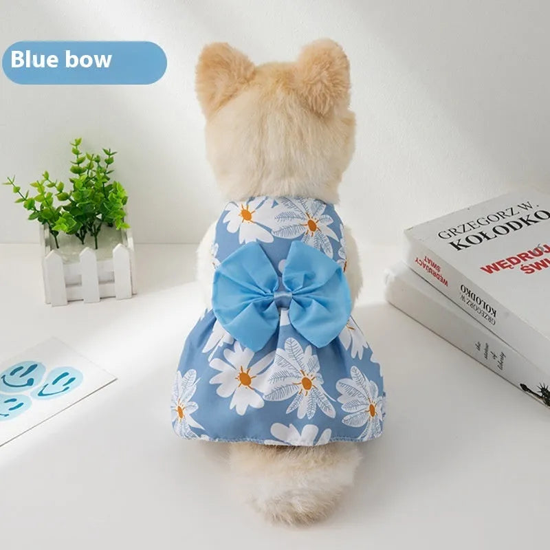 Ultra-thin floral butterfly knot princess dress for dog or cat on a hanger, showing bow colour options.