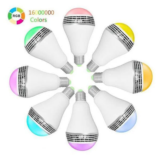 White E27 LED smart bulb with Bluetooth speaker, showing PC body and dimensions 100x150mm.