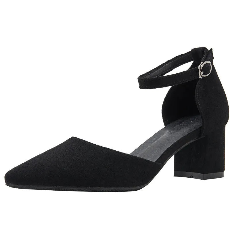 Women's all-match casual large size suede hollow high heels with stout heel, black colour, 5CM height