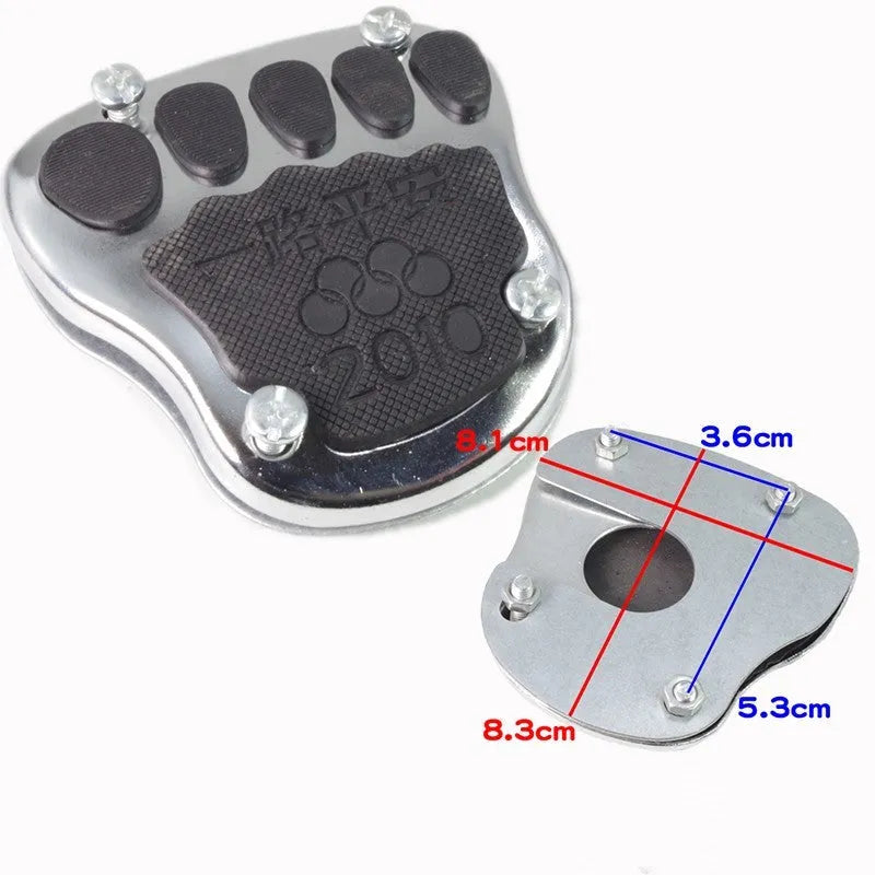 Metal motorcycle brake pedal skid plate showing foot pedal, square foot pedal, and small brake plate design options.