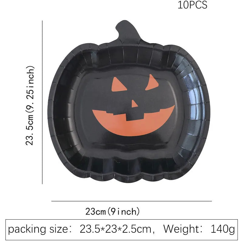 Black pumpkin design disposable paper plates in 9-inch size for Halloween parties