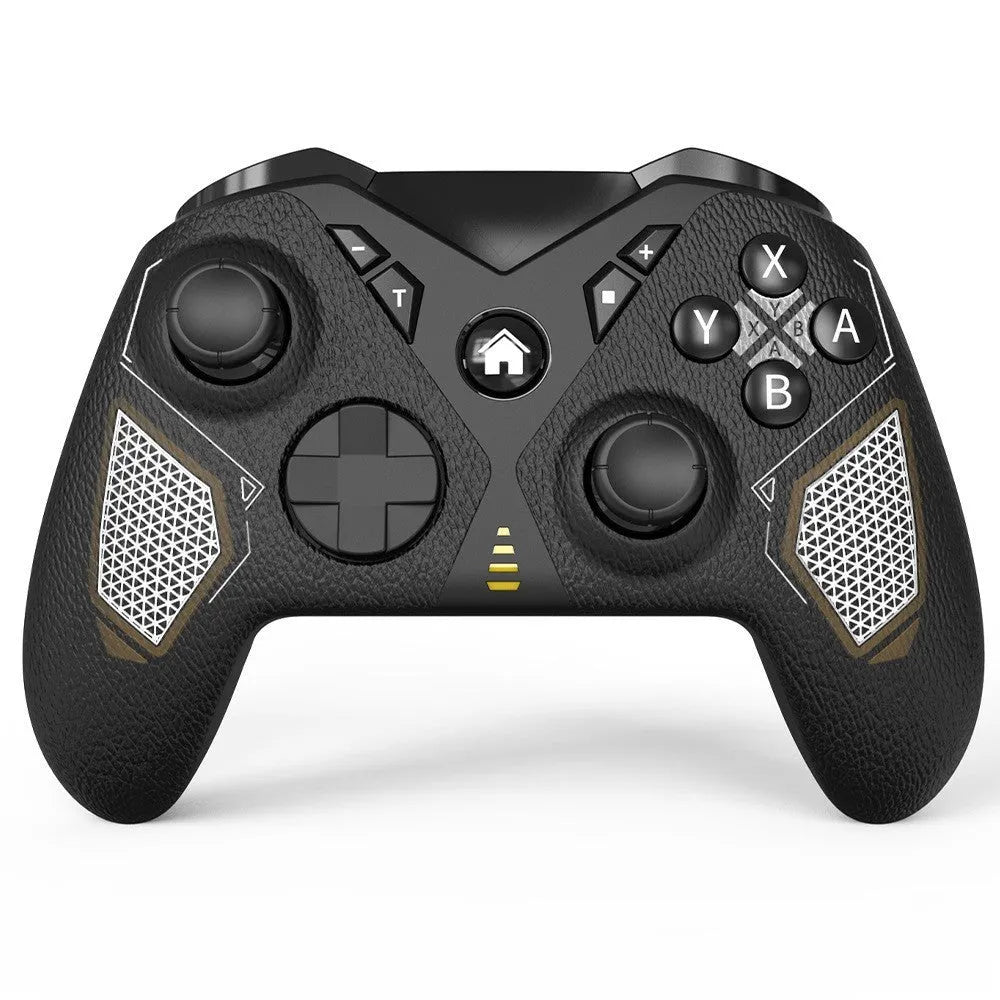 Black wireless Bluetooth game controller with ergonomic shape for Nintendo Switch, PC and smartphone.