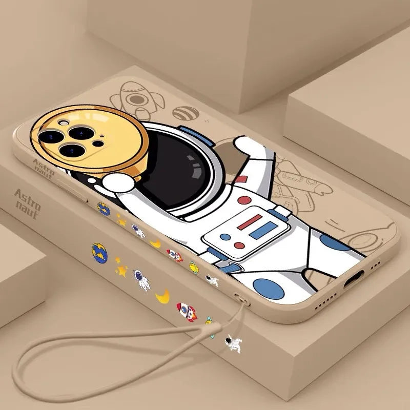 Silicone iPhone case with painted cartoon astronaut and starry sky planet design.
