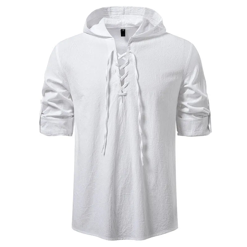 Men's cotton-linen long sleeve shirt with medieval pirate drawstring in khaki colour, slim fit, front view