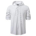 Men's cotton-linen long sleeve shirt with medieval pirate drawstring in khaki colour, slim fit, front view