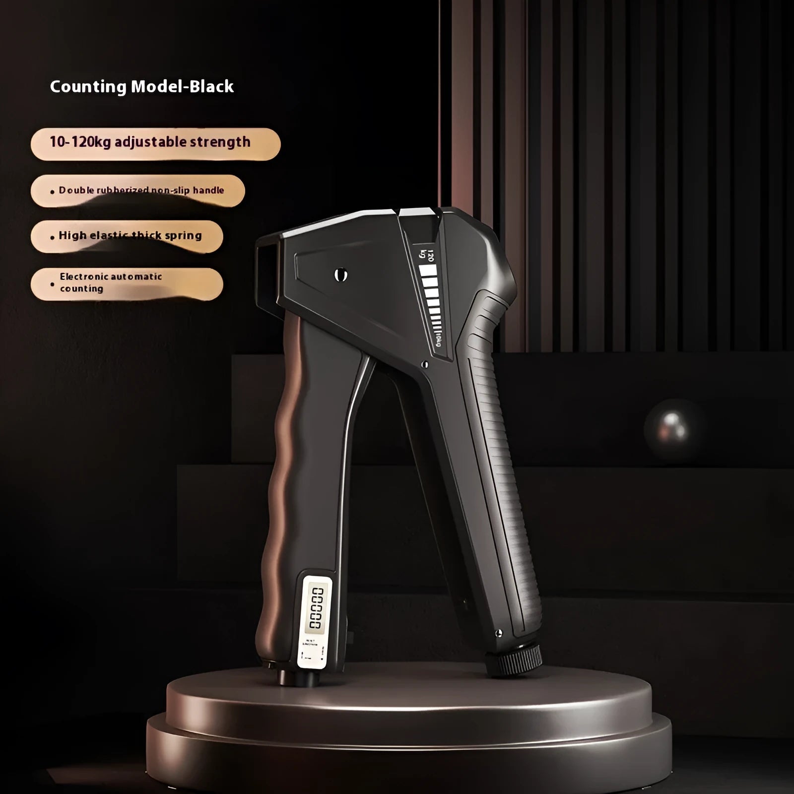 Adjustable hand gripper strength trainer with mechanical counter display, shown in orange colour.