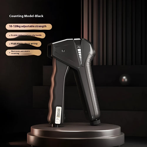 Adjustable hand gripper strength trainer with mechanical counter display, shown in orange colour.