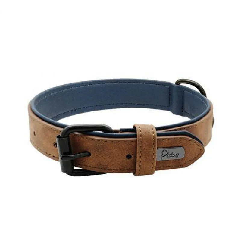 Adjustable dog collar in purple showing front PU material and back microfiber fabric, with a secure buckle closure.
