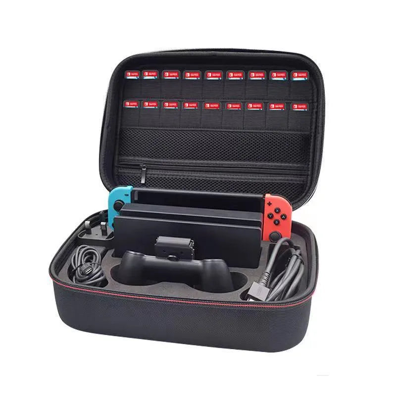 Black EVA game console accessory storage bag shown in two size options.