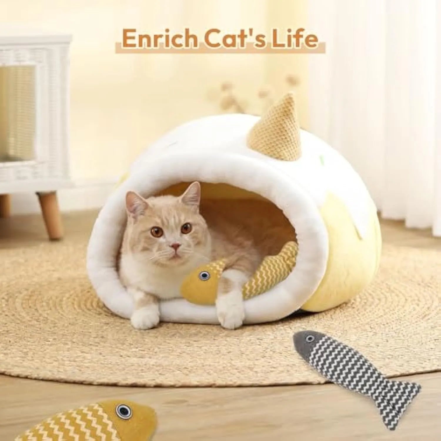 Three catnip fish toys in coffee, gray, and yellow for indoor cat self-play