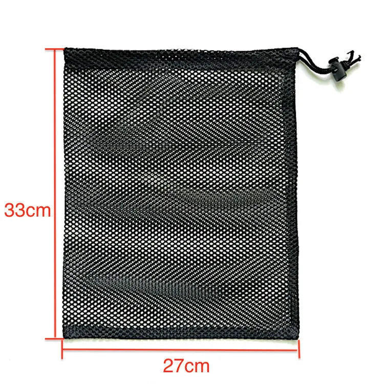 Black mesh drawstring storage bag with open bottom for toy organisation