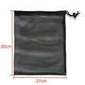 Black mesh drawstring storage bag with open bottom for toy organisation