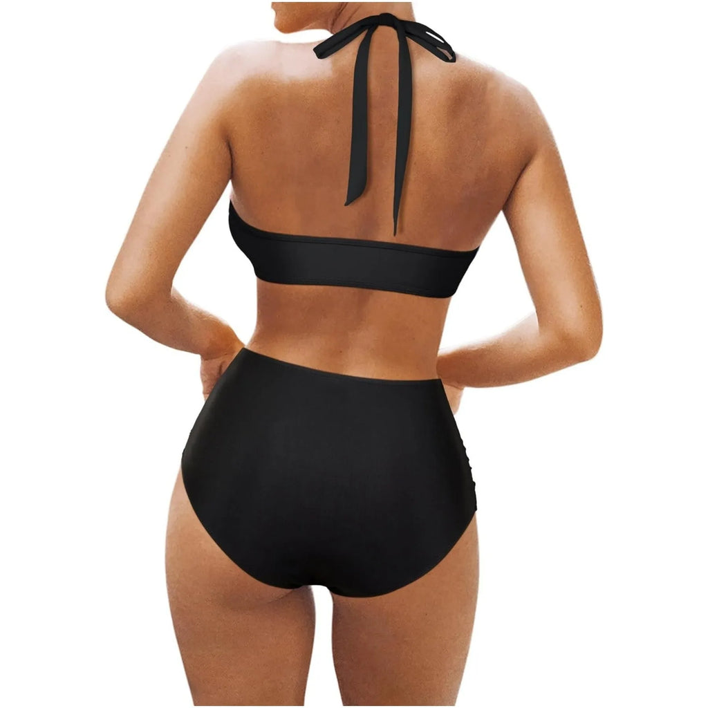 Women's black polyester bikini swimsuit set with separate top and briefs