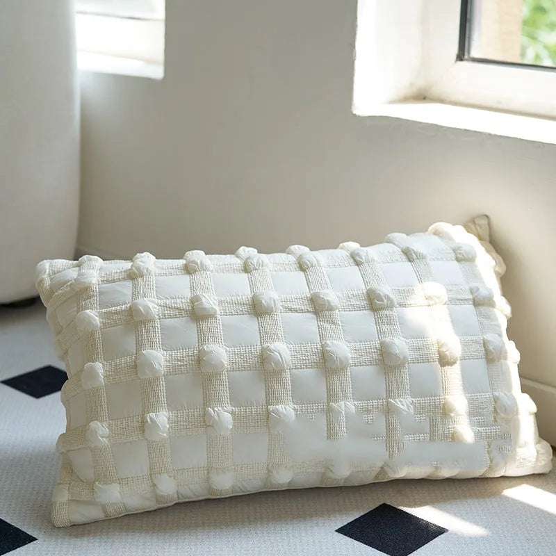 Coffee brown striped Chinese classical style pillow cushion on a sofa, shown in both square and waist pillow sizes.