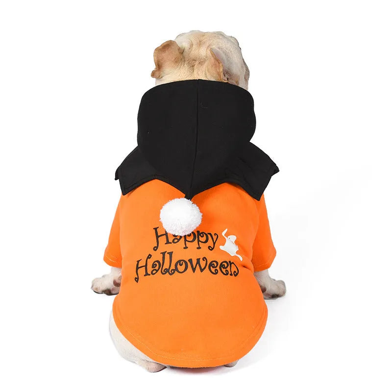 Halloween pumpkin two-piece dog costume sweater and shawl set in black and orange