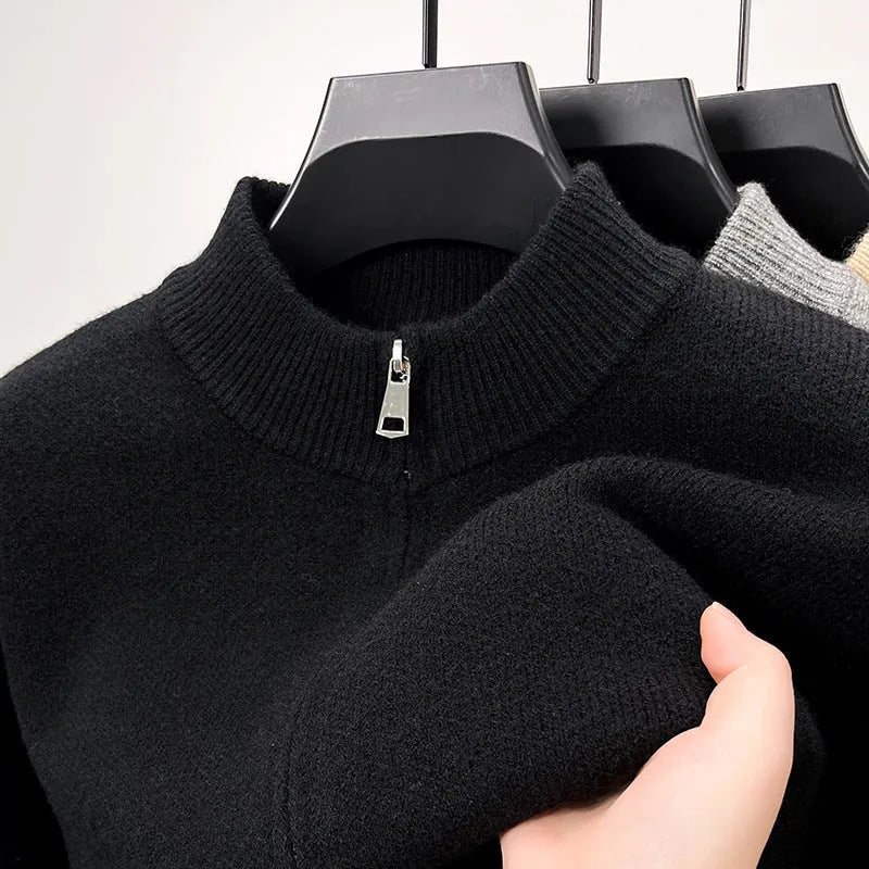 Men's grey knitted cardigan with stand collar and full-length front zipper in loose fit
