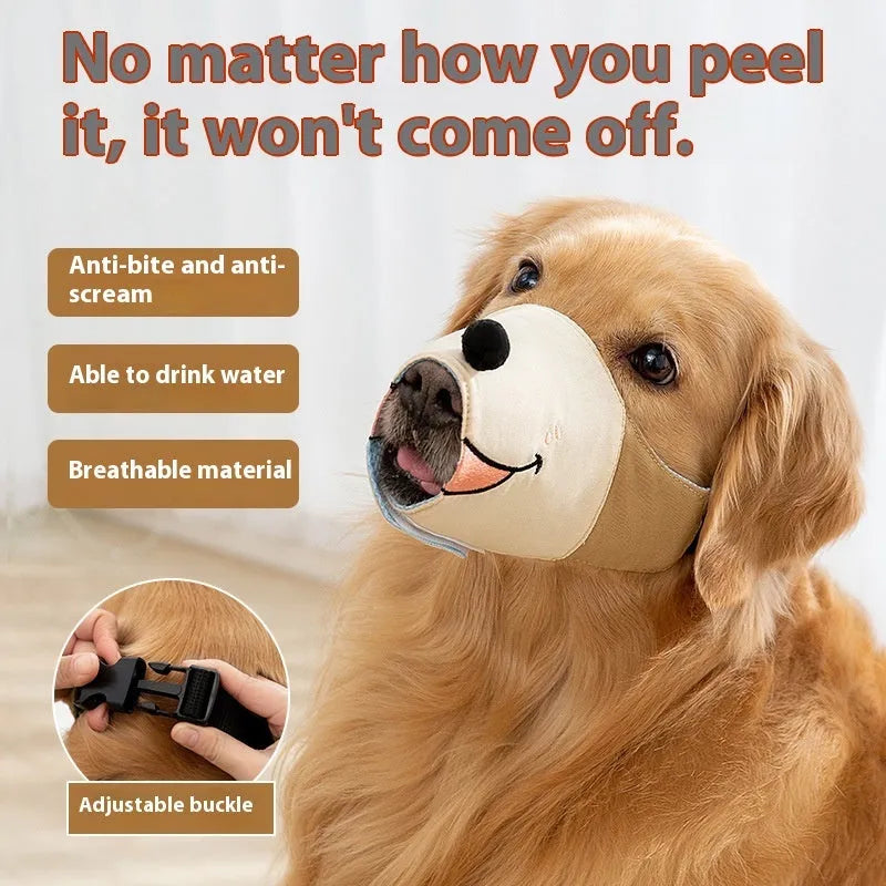 Canvas dog muzzle anti-bite product showing Ollie Brown Bear and Bondi Blue Shark colour options