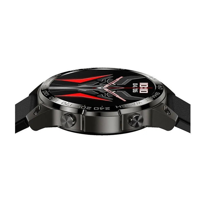 Black smart sports watch with round AMOLED display showing fitness stats, on a silicone strap.