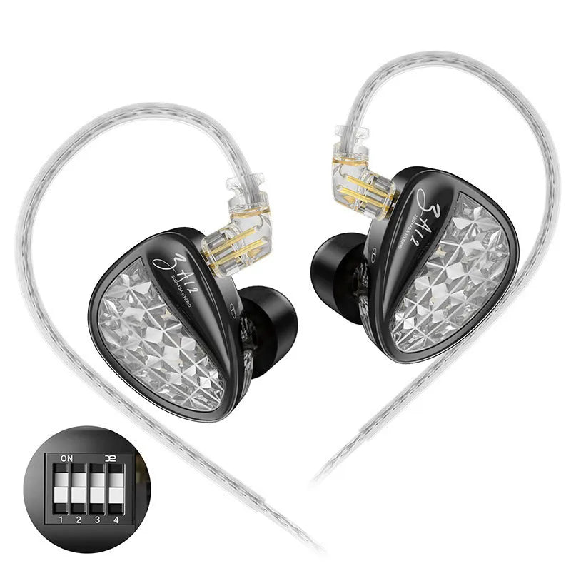 Wired in-ear earphone with adjustable voice iron monitor, back-winding style, and tape microphone option