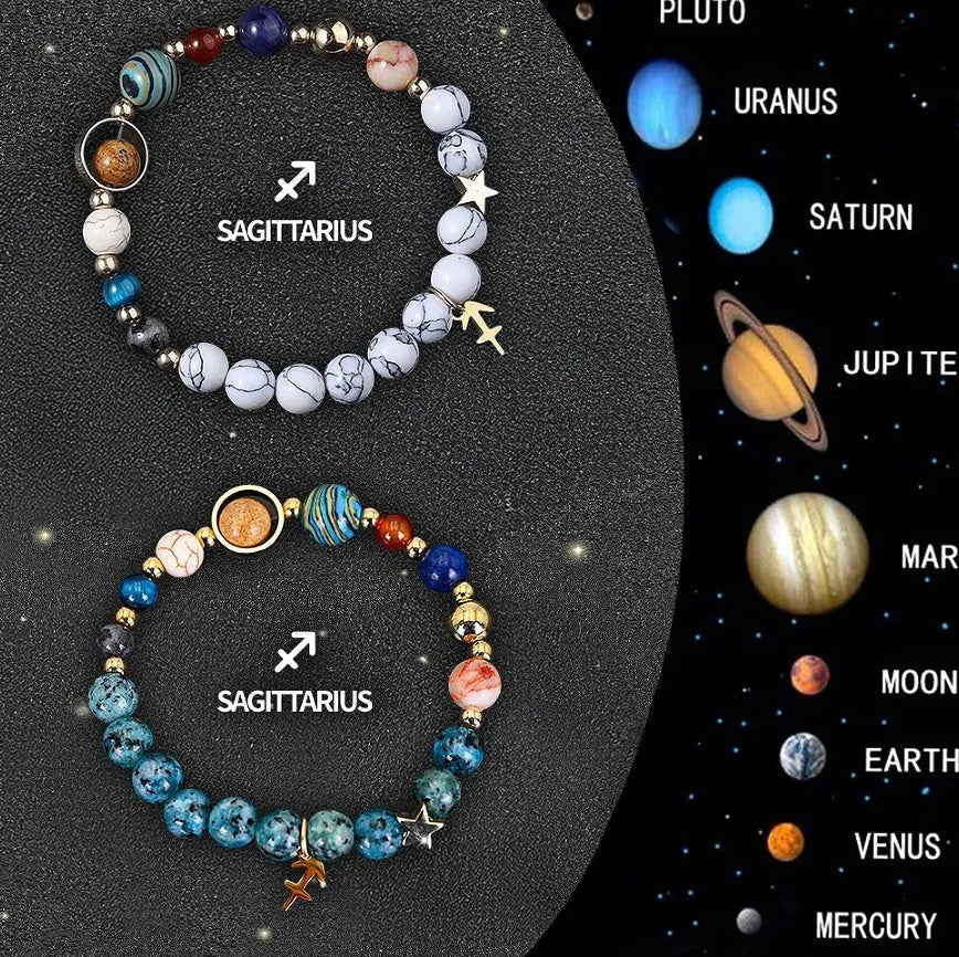 Two natural stone beaded bracelets with adjustable cords on a surface, representing a zodiac sign jewellery set.
