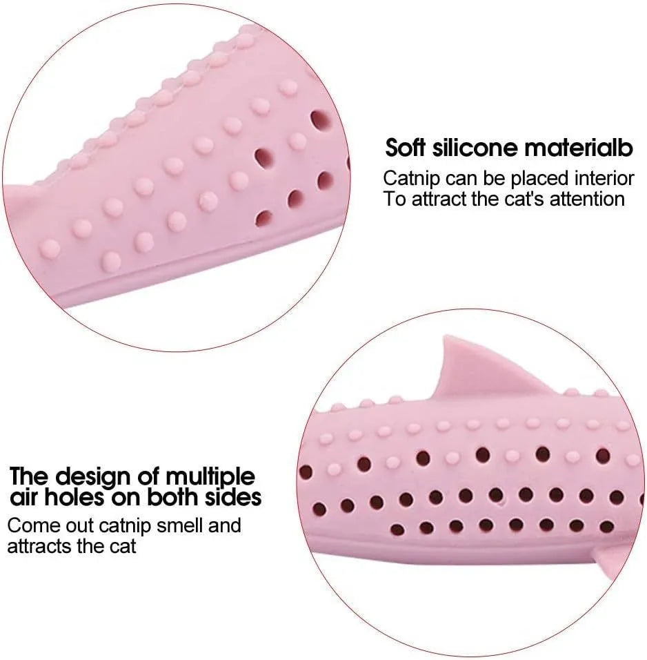 Green silicone fish-shaped interactive chew toy for cats with breathable side holes