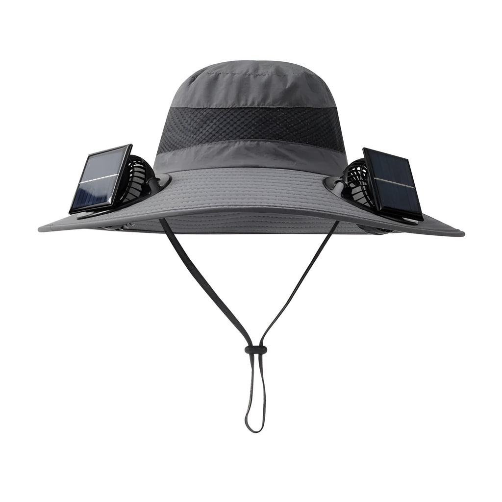 Solar-powered fan hat for outdoor fishing with adjustable design and wide sun protection brim