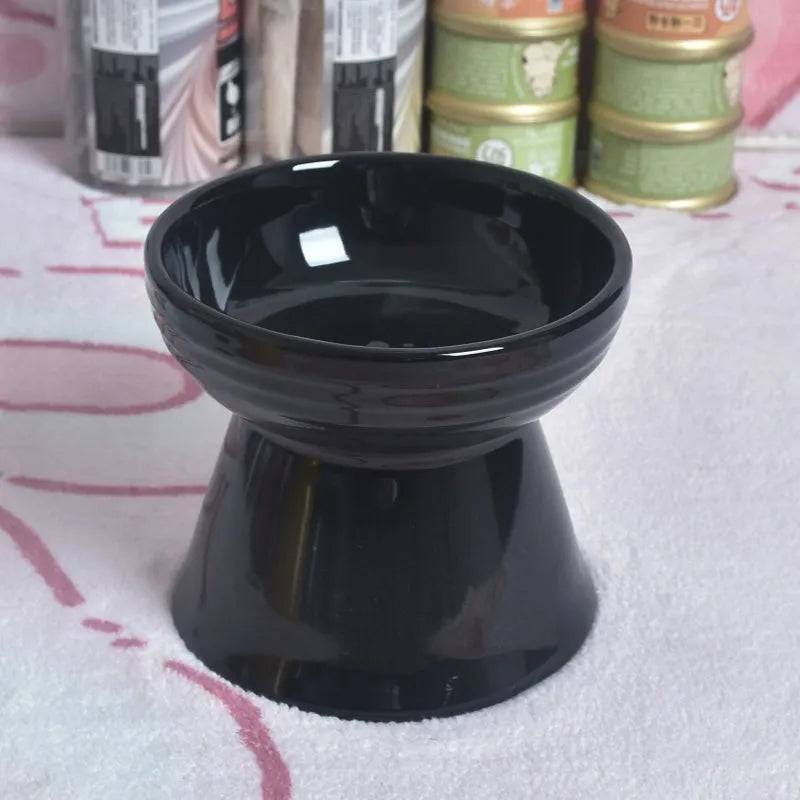 Black ceramic pet bowl with high foot and neck protector for dogs and cats