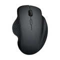 Black rechargeable wireless mouse with USB cable next to laptop showing compact 112mm size
