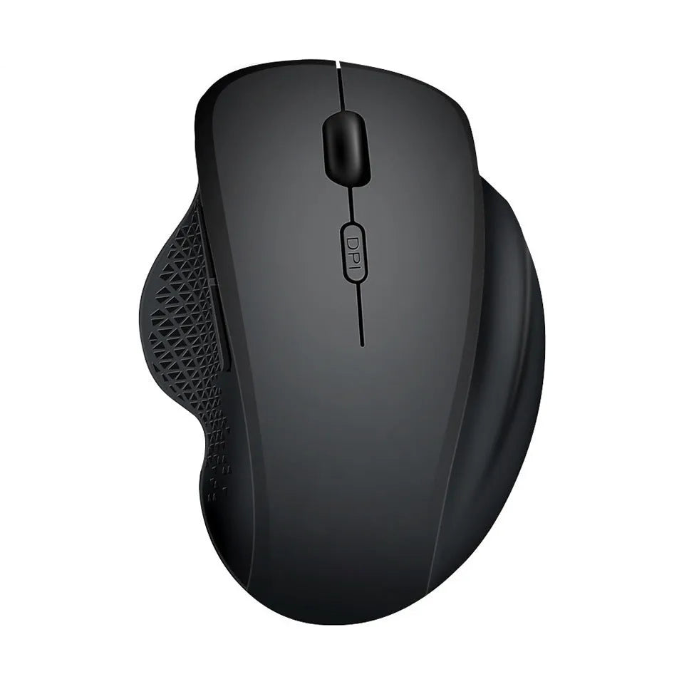 Black rechargeable wireless mouse with USB cable next to laptop showing compact 112mm size