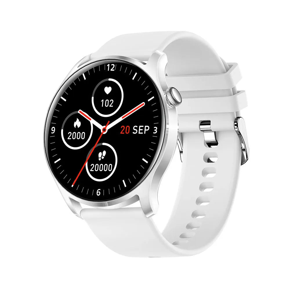 Smart watch with 1.3-inch screen showing heart rate display on a silicone wristband