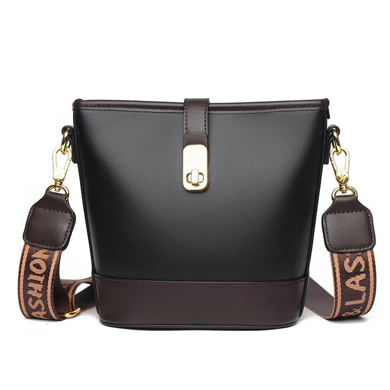 Korean style black bucket messenger bag with adjustable straps and multiple internal compartments