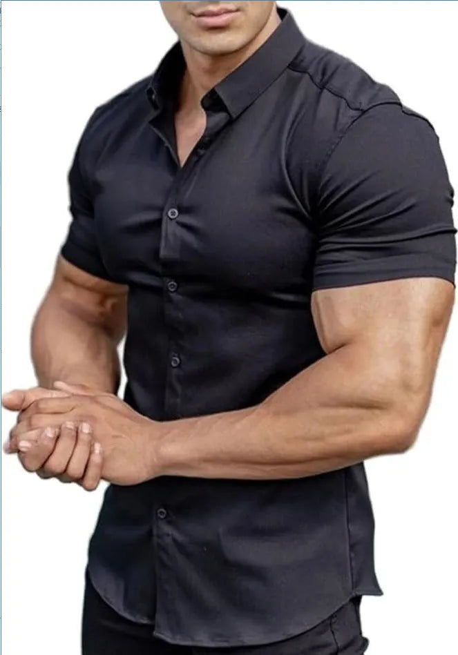 Men's brown short sleeve casual printed shirt with a collar on a hanger.
