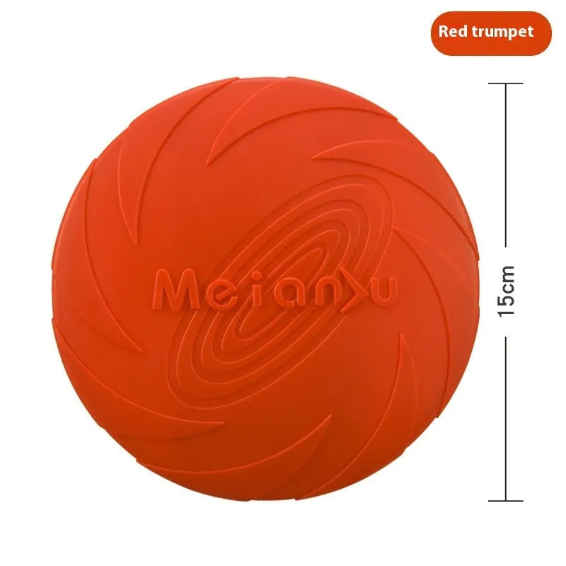 Soft rubber dog frisbee fetch toy shown in blue, green, and red colours for small, medium, and large sizes.