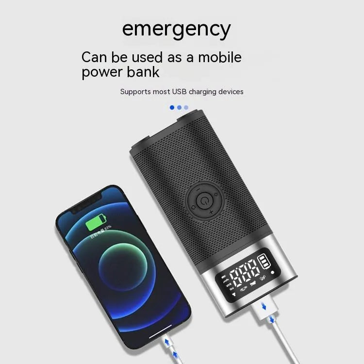Black portable wireless air pump with metal construction, USB charging port, and 15cm inflation tube