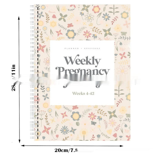 A5 Pregnancy Weekly diary notebook open showing weekly sections with 165x240mm dimensions