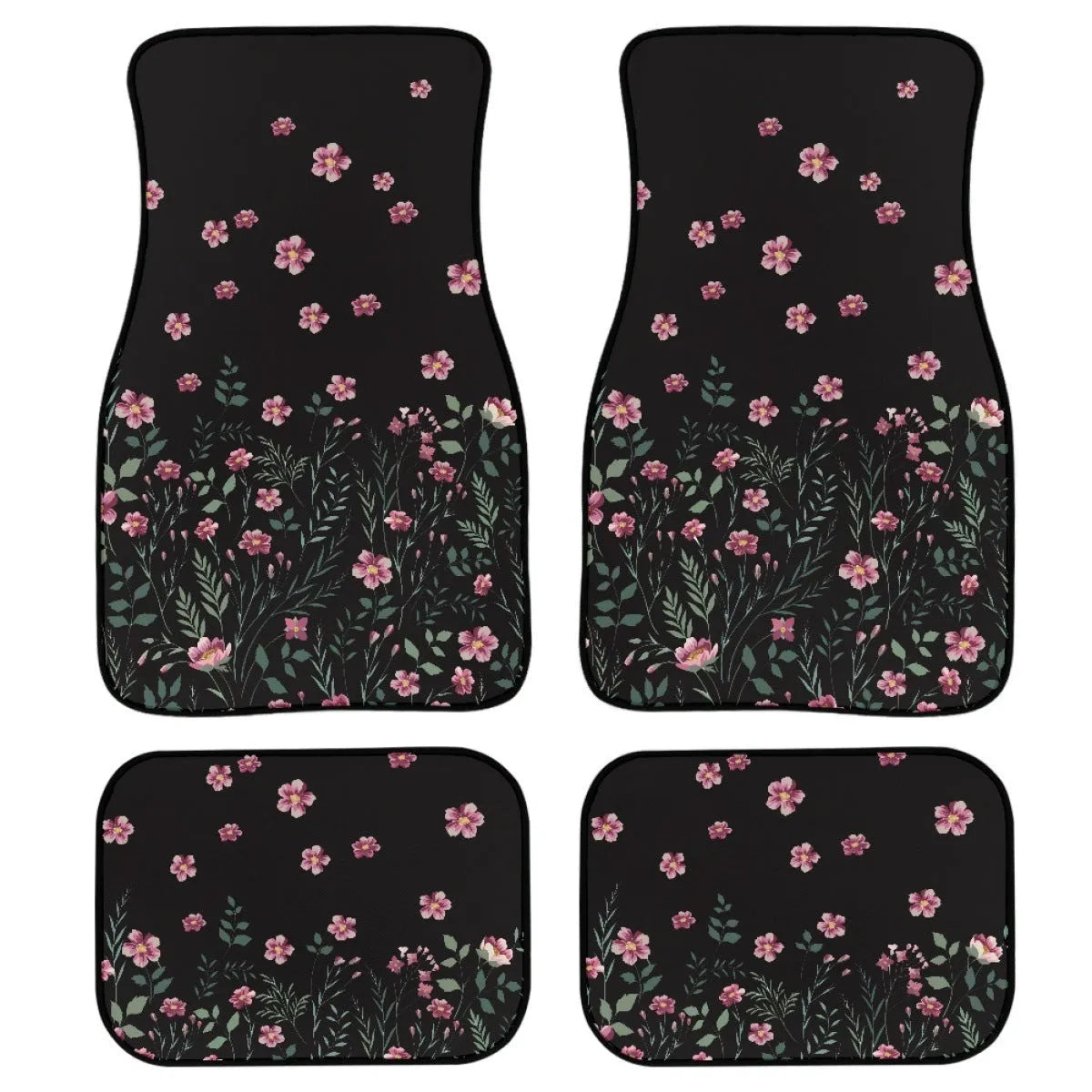 Black printed rubber car foot mat set showing 20mm thickness and waterproof texture for universal vehicle fit
