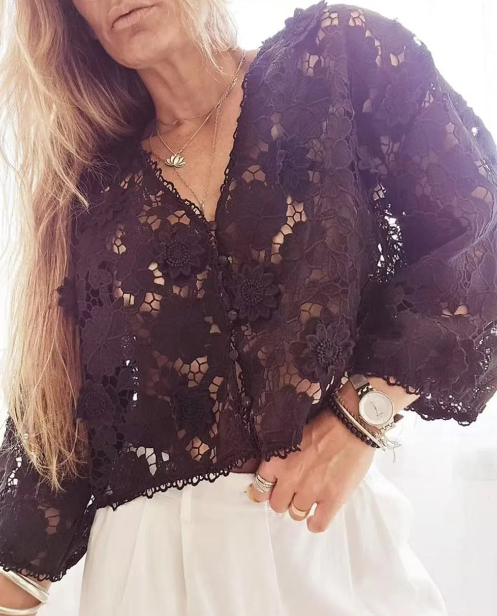 Women's black V-neck lace cardigan blouse with hollow long sleeves and three-dimensional decoration.